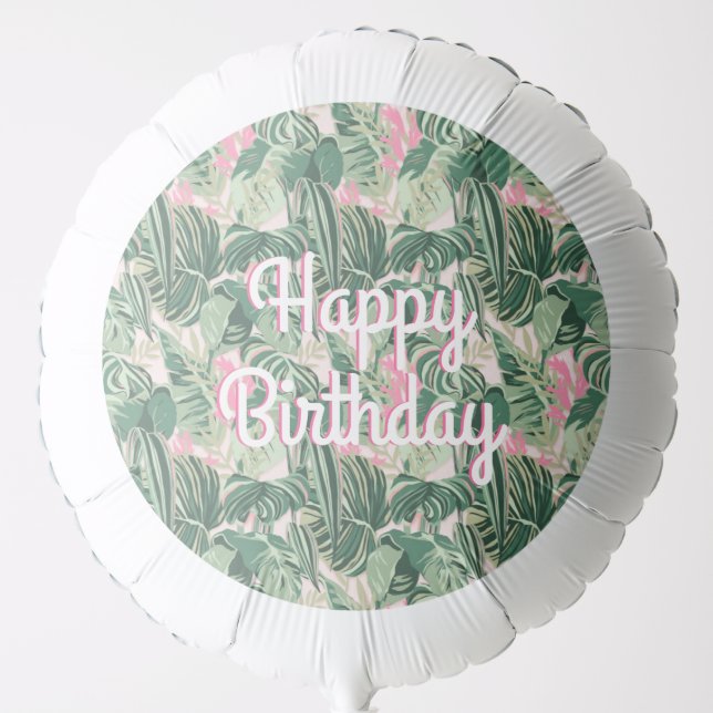 Green and Pink Tropical Leaves | Happy Birthday Balloon (Front)