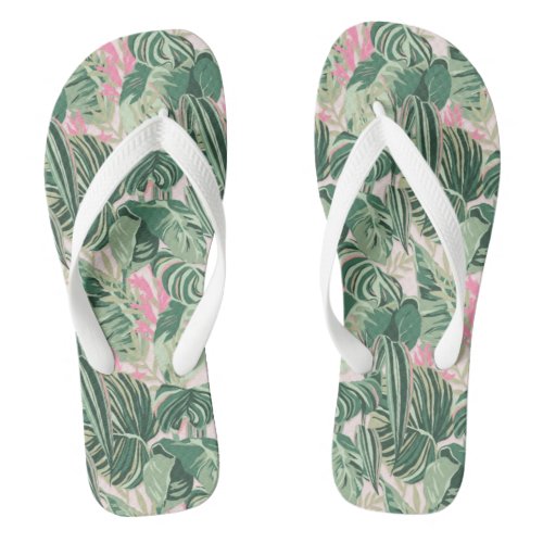 Green and Pink Tropical Leaves  Happy Birthday  P Flip Flops