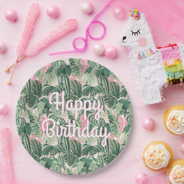 Green and Pink Tropical Leaves | Happy Birthday  Paper Plates (Party)