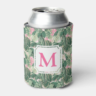 Green and Pink Tropical Leaves Monogram Cabana C Can Cooler