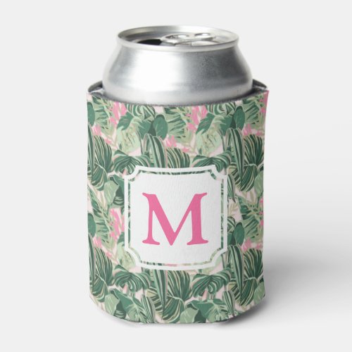 Green and Pink Tropical Leaves  Monogram Cabana C Can Cooler