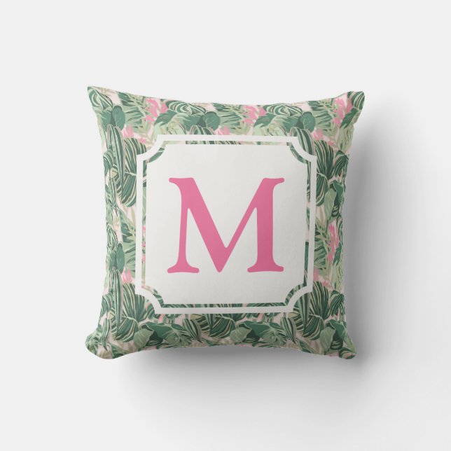 Green and Pink Tropical Leaves | Monogram Cabana  Outdoor Pillow (Front)