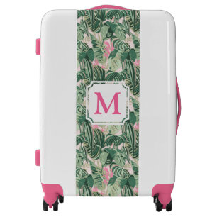Green and Pink Tropical Leaves Monogram Luggage