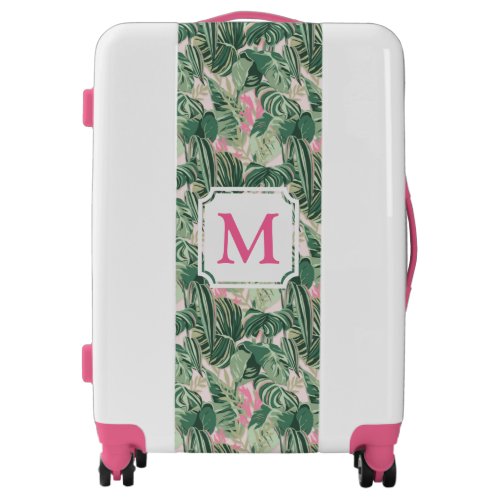 Green and Pink Tropical Leaves  Monogram  Luggage