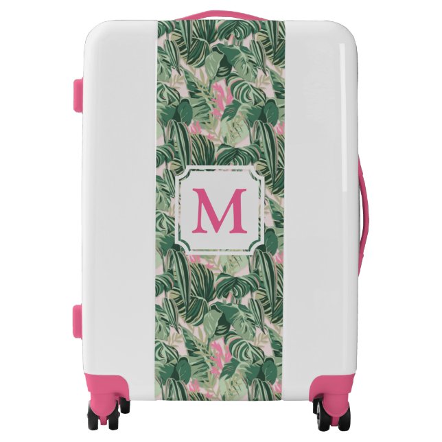 Green and Pink Tropical Leaves | Monogram  Luggage (Front)