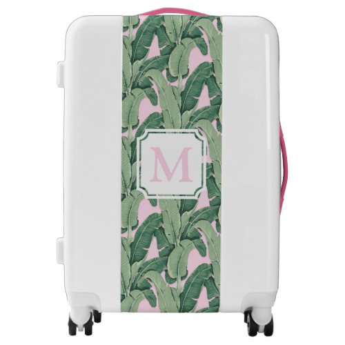 Green and Pink Tropical Leaves  Monogram  Luggage