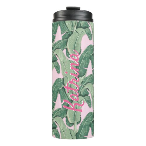 Green and Pink Tropical Leaves Personalized Thermal Tumbler