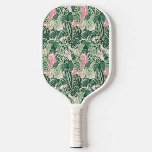 Green and Pink Tropical Leaves  Pickleball Paddle