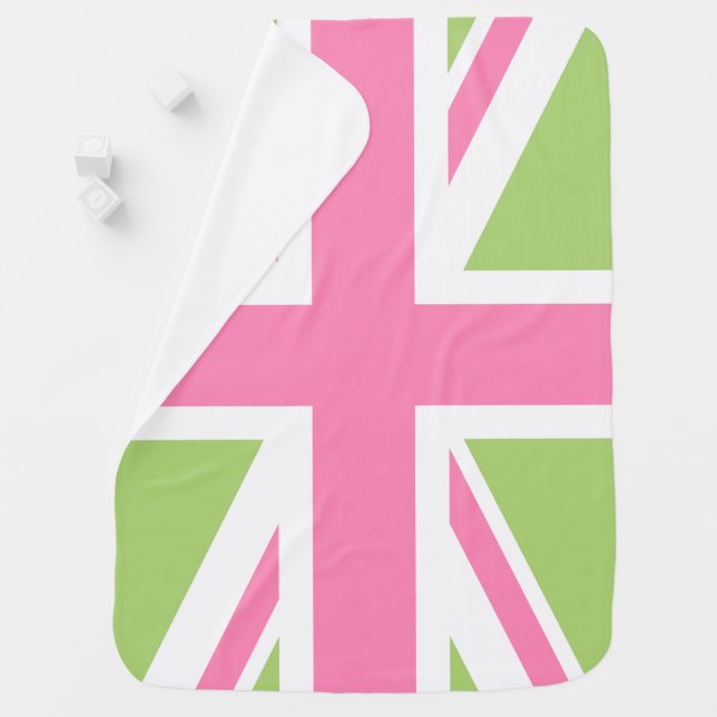 Green and Pink Union Jack Flag Swaddle Blanket (In Situ)