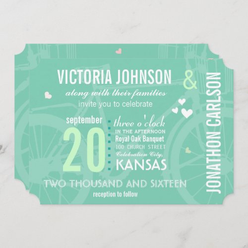 Green and Pink Vintage Bicycle Typography Wedding Invitation