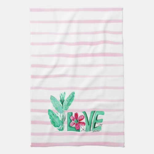 Green and Pink Watercolor Stripe Love Towel