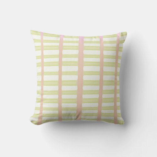 Green and pink watercolor stripes on white throw pillow