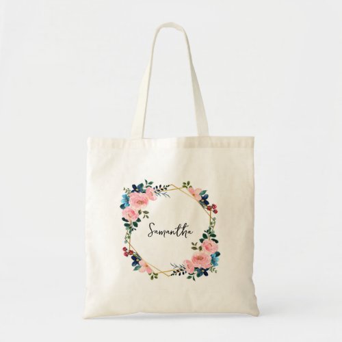 Green and Pink Watercolour Flower Tote Bag