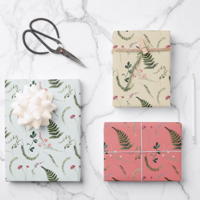 Green and Pink Wildflowers  Wrapping Paper Sheets (Front)