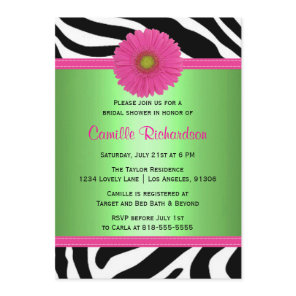 Green and Pink, Zebra Bridal Shower Invitation