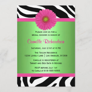 Green and Pink, Zebra Bridal Shower Invitation