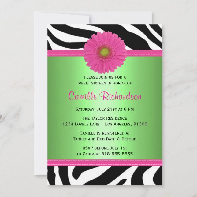 Green and Pink, Zebra Sweet Sixteen Invitation (Front)