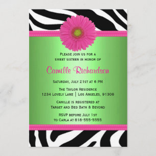 Green and Pink, Zebra Sweet Sixteen Invitation