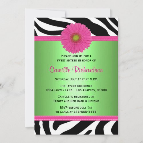 Green and Pink, Zebra Sweet Sixteen Invitation