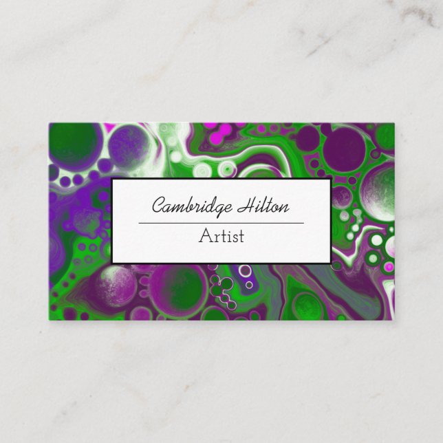 Green and Purple Abstract Fluid Art  Business Card (Front)