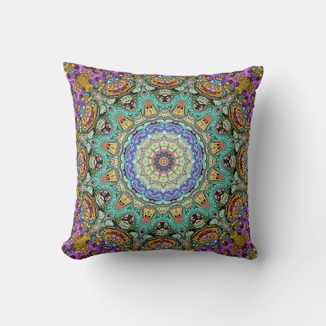 Green And Purple Abstract Mandala Throw Pillow (Front)