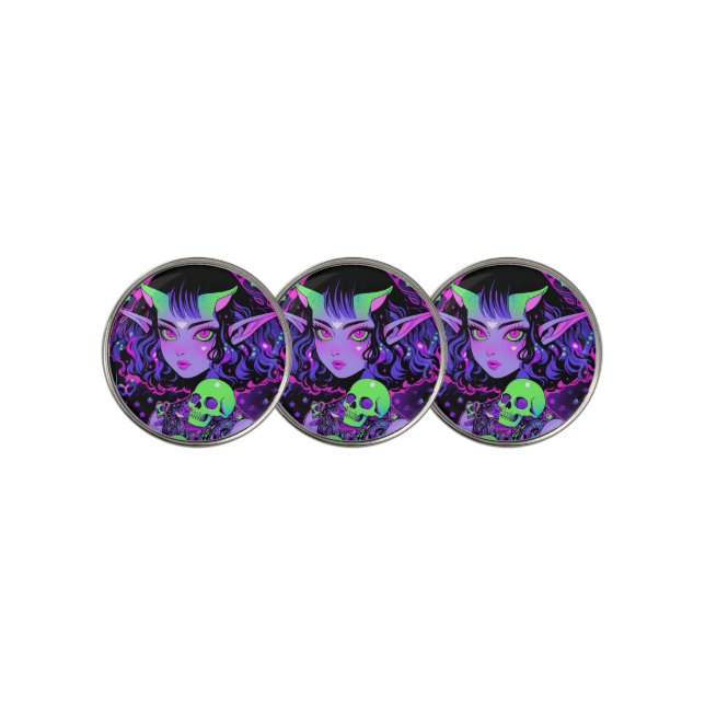 Green and Purple Alien Elf Anime Girl Golf Ball Marker (3 Up)