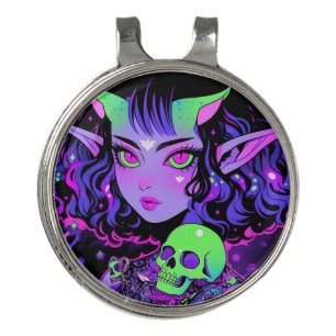 Green and Purple Alien Elf Anime Girl Golf Hat Clip