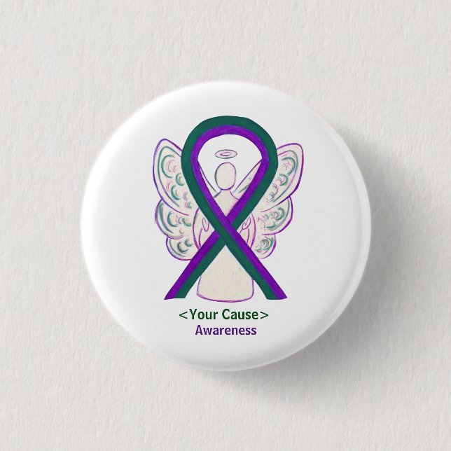 Green and Purple Awareness Ribbon Angel Pin Button (Front)