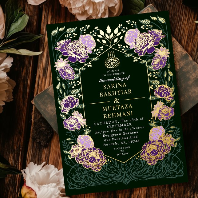 Green and Purple Enchanted Floral Muslim Wedding  Foil Invitation (Creator Uploaded)