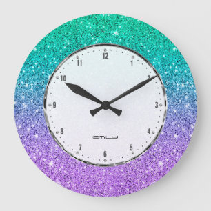 Green and purple faux glitter ombre large clock