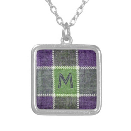 Green and Purple Flannel Plaid Gingham Monogram Silver Plated Necklace