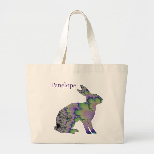 Green and Purple Fractal Bunny Rabbit with Name Large Tote Bag