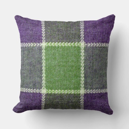 Green and Purple Gingham Check Plaid Flannel Look Throw Pillow