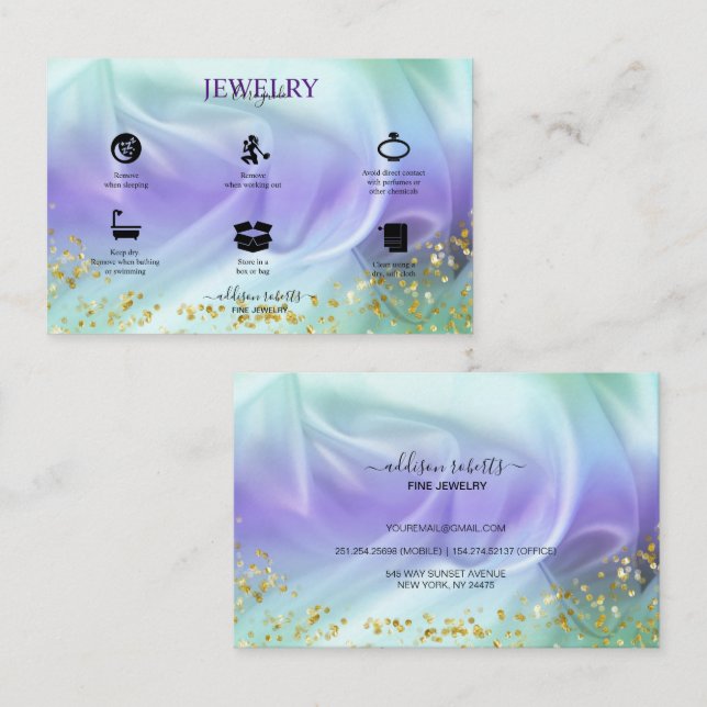 Green and Purple Glitter Jewelry Care Business Card (Front/Back)