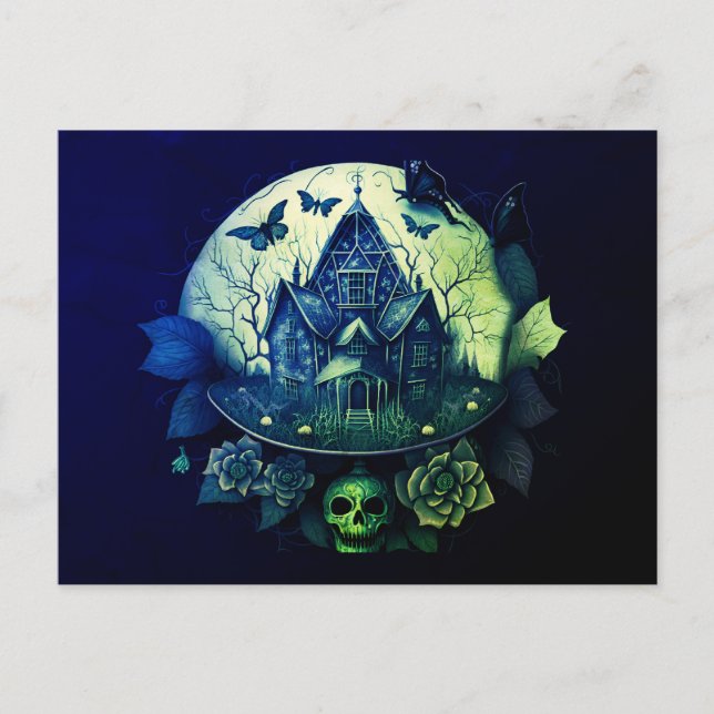 Green and  Purple Gothic Haunted House Holiday Postcard (Front)