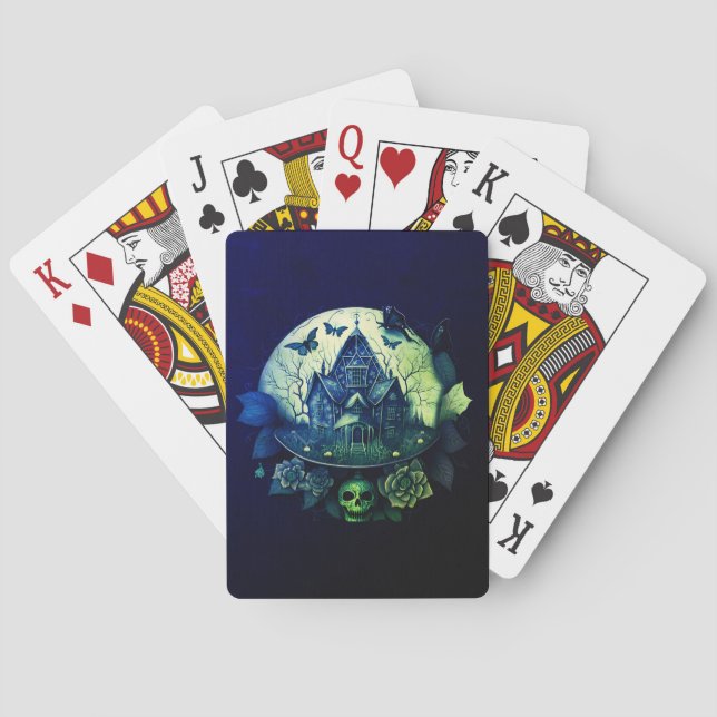 Green and  Purple Gothic Haunted House Poker Cards (Back)