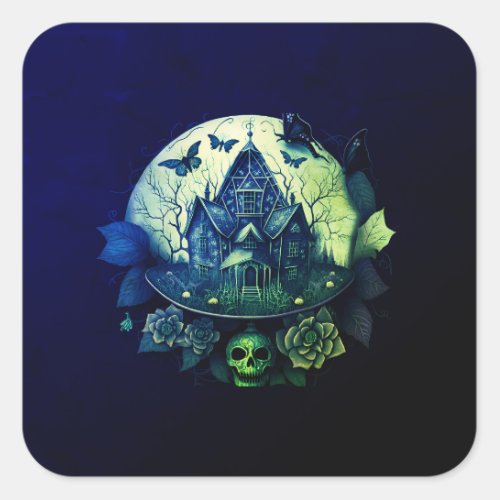 Green and  Purple Gothic Haunted House Square Sticker