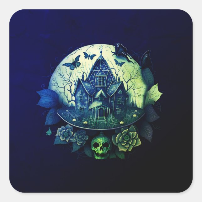 Green and  Purple Gothic Haunted House Square Sticker (Front)