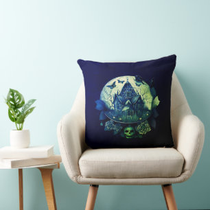 Green and  Purple Gothic Haunted House Throw Pillow