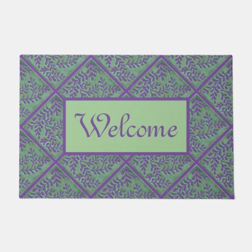 Green and purple leaf tile doormat