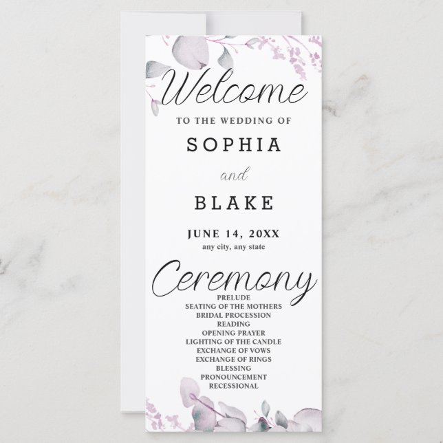 Green and Purple Leaves Bordered Wedding Program (Front)