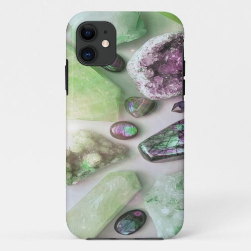 green and purple marble and crystal throw pillow iPhone 11 case