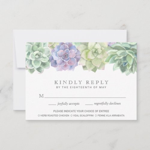 Green and Purple Meal Choice Succulent Wedding RSVP Card