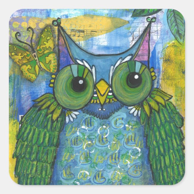 Green and Purple Mixed Media Owl Square Sticker (Front)