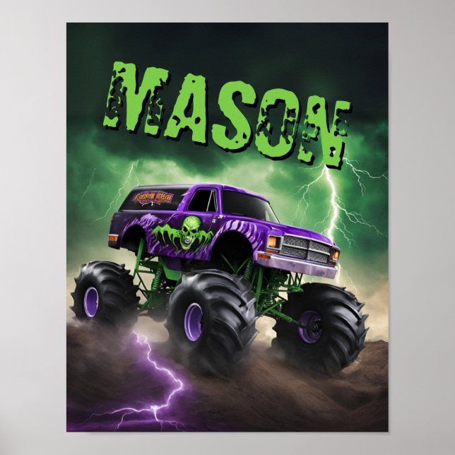 Green and Purple Monster Truck Custom Name Poster (Front)