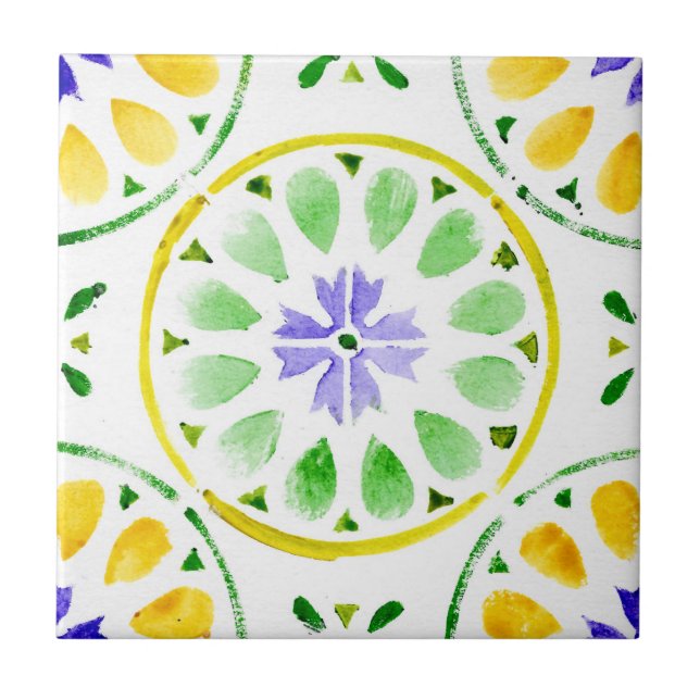 Green and purple Moroccan watercolour Ceramic Tile (Front)
