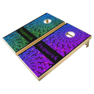 Green and Purple Neon Fractal With Family Name Cor Cornhole Set