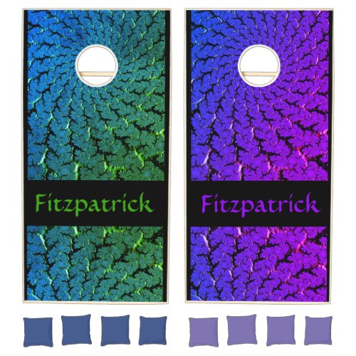 Green and Purple Neon Fractal With Family Name Cor Cornhole Set