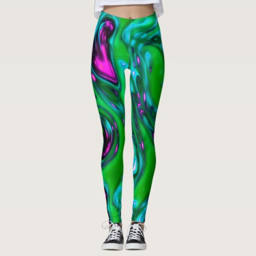 Green and Purple Neon Liquid Abstract Art Leggings