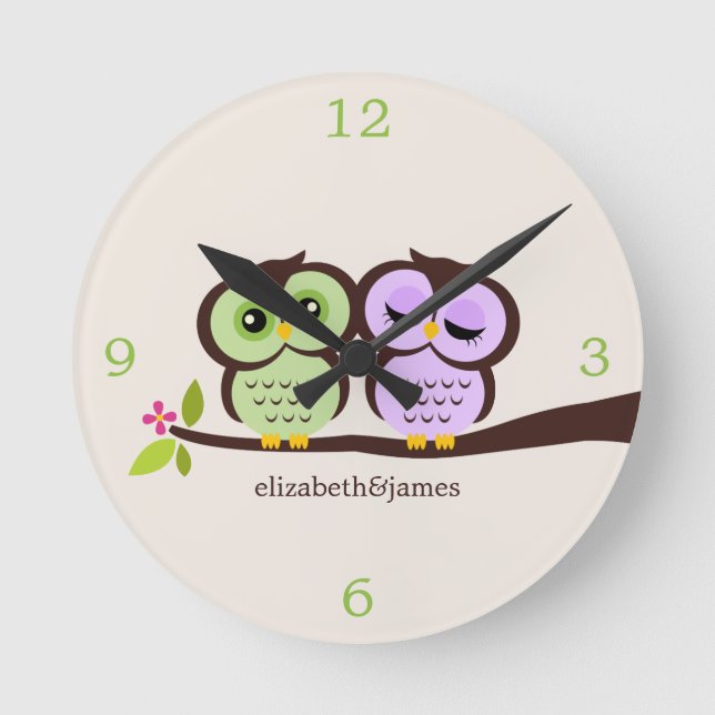 Green and Purple Owl Couple Round Clock (Front)